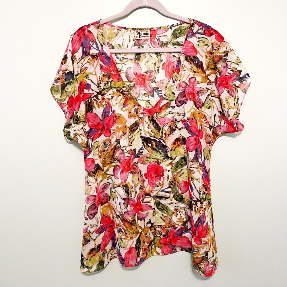Show Me Your Mumu Top SMYM Sheer V Neck Floral Flutter Sleeve Blouse Sz S EUC